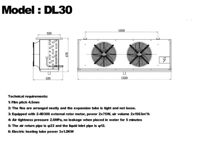 DL-serie DL22-eenheidkoeler CE-certificering aangepaste luchtkoeler 3HP koelopslag verdamper plafondverdamper, geschikt voor koeling in magazijnen, koelopslagkamers, groentenkoelopslag 2