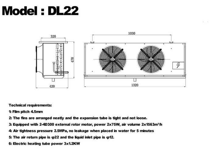 DL-serie DL22-eenheidkoeler CE-certificering aangepaste luchtkoeler 3HP koelopslag verdamper plafondverdamper, geschikt voor koeling in magazijnen, koelopslagkamers, groentenkoelopslag